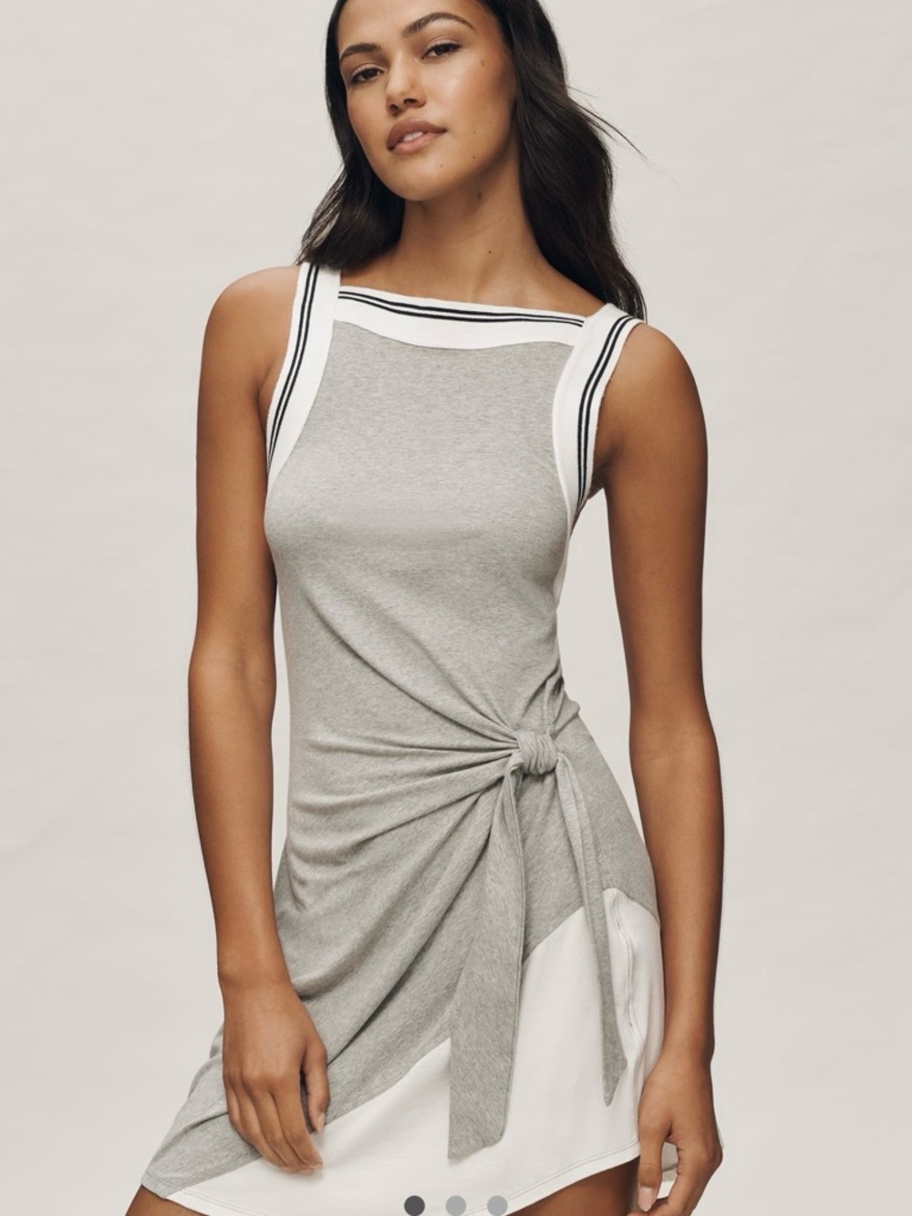 Daily Practice overload Sleeveless Gray Knit Tie-Waist MiniDress with White Trim
